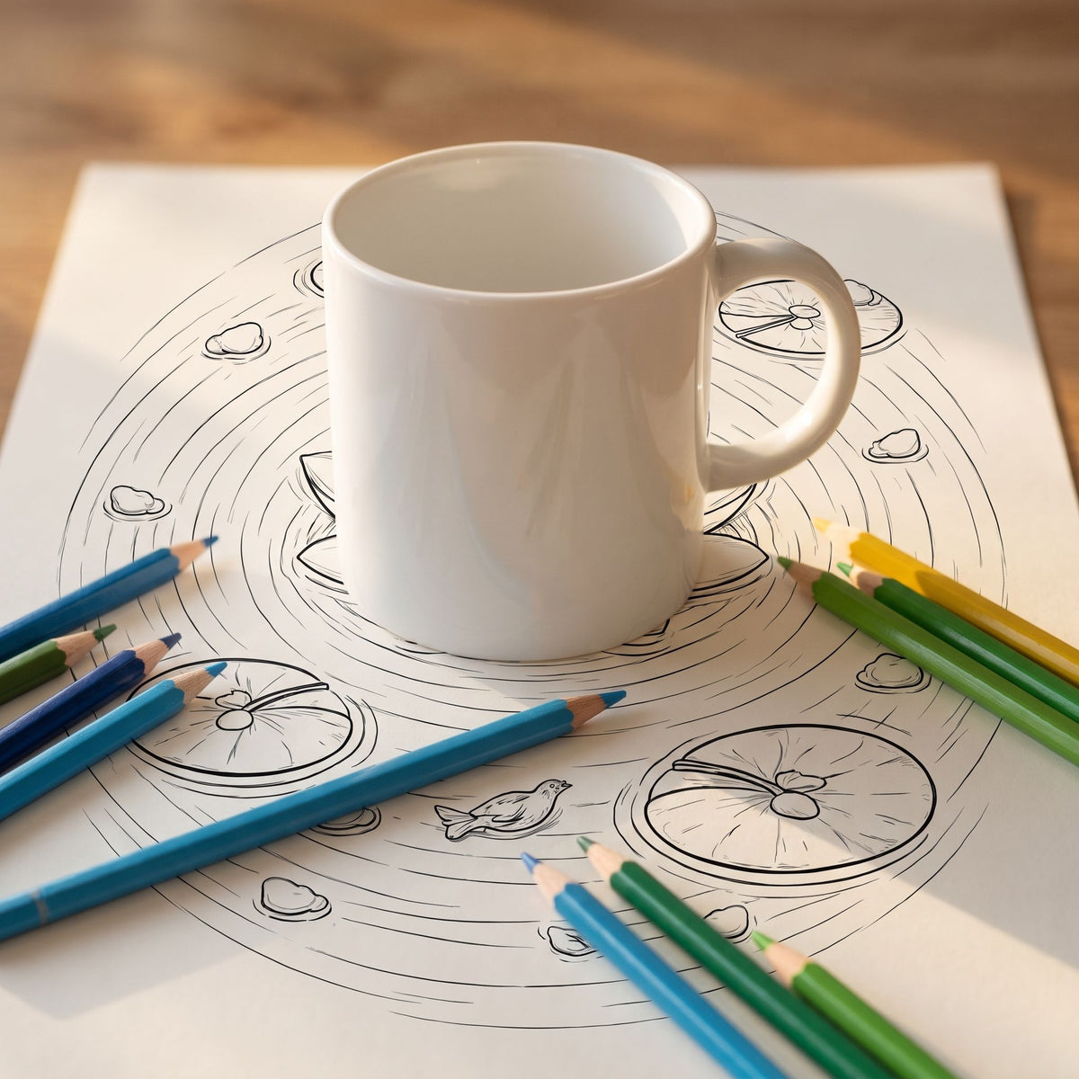 Mandala de loto para colorear, hoja impresa sobre escritorio de madera con taza y lápices de colores - Calma en Tinta