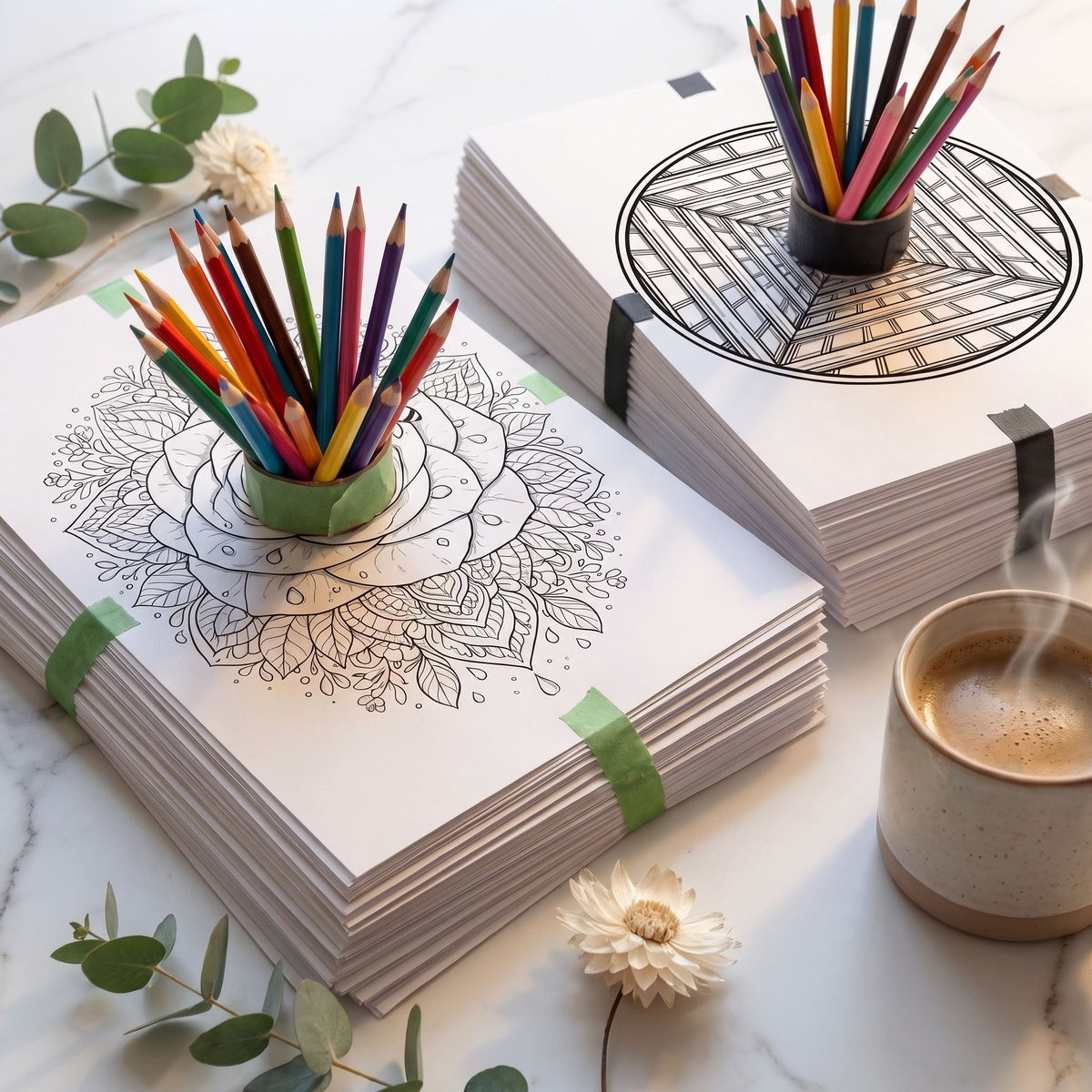 Dúo Calma Total, combo de mandalas Flores & Naturaleza e Hipnóticos para colorear, vista cenital luminosa con lápices de colores y café - Calma en Tinta