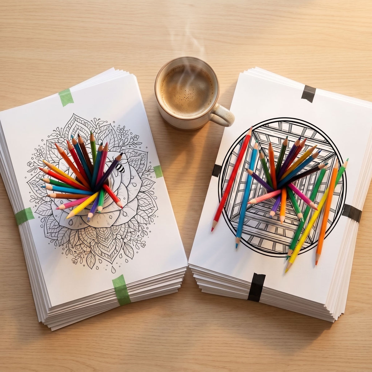 Dúo Calma Total, combo de mandalas Flores & Naturaleza e Hipnóticos para colorear, dos pilas de hojas A4 sobre escritorio de madera con lápices y café - Calma en Tinta
