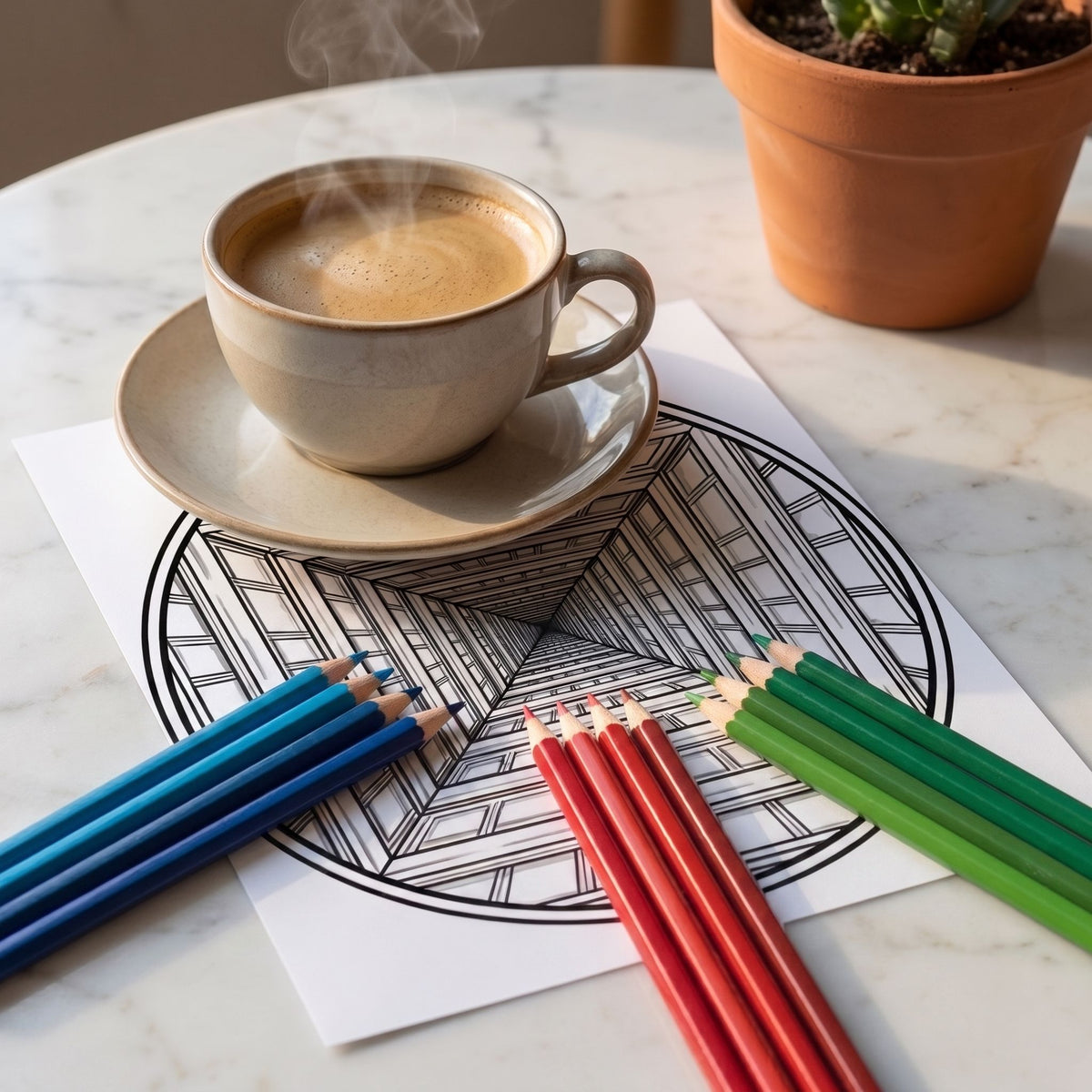 Mandala 3D efecto túnel para colorear, hoja impresa sobre mesa de mármol con taza de café y lápices de colores - Calma en Tinta