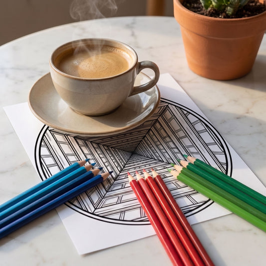 Mandala 3D efecto túnel para colorear, hoja impresa sobre mesa de mármol con taza de café y lápices de colores - Calma en Tinta