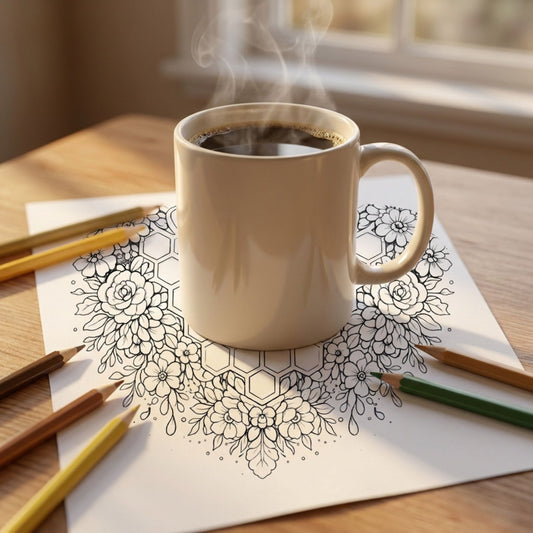 Mandala de abeja y panal para colorear, hoja impresa sobre escritorio de madera con taza y lápices de colores - Calma en Tinta