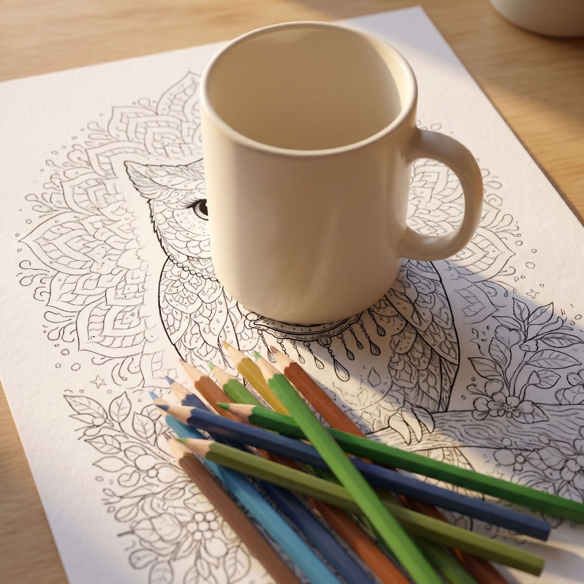 Mandala de búho para colorear, hoja A4 impresa sobre escritorio de madera con taza y lápices de colores - Calma en Tinta