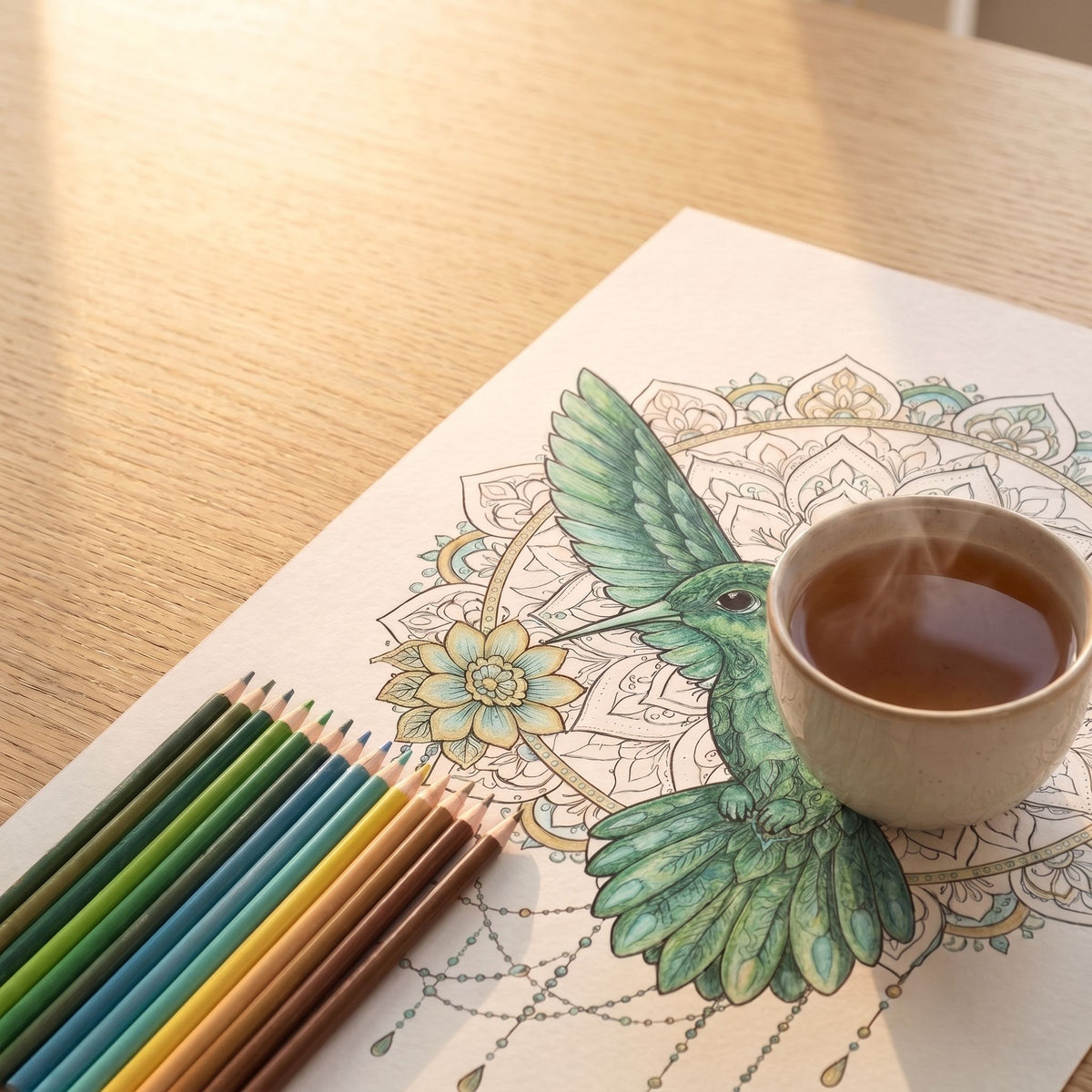 Mandala de colibrí para colorear, hoja impresa parcialmente coloreada en tonos verdes y turquesas sobre escritorio de madera - Calma en Tinta