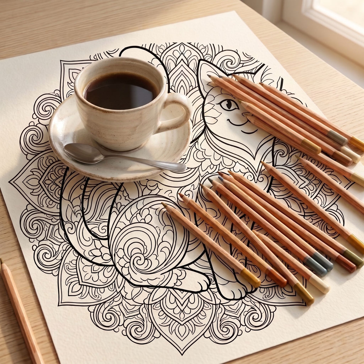 Mandala de gato para colorear, hoja impresa sobre escritorio de madera con taza de café — Calma en Tinta
