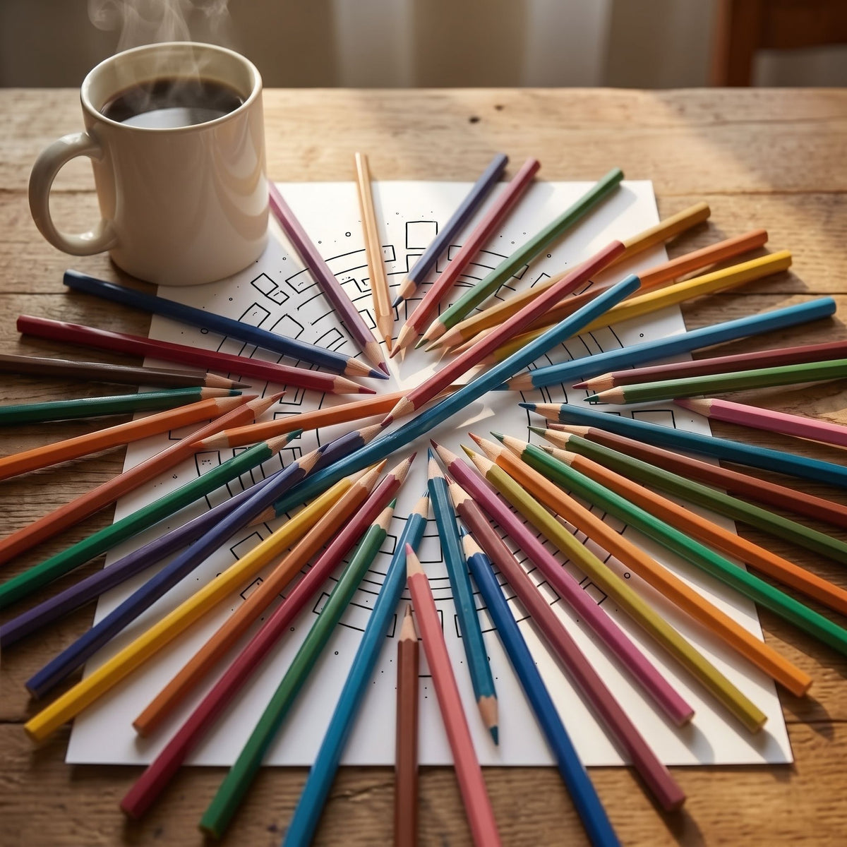 Mandala geométrico tipo laberinto circular para colorear, hoja A4 impresa sobre escritorio de madera con lápices de colores y taza de café - Calma en Tinta