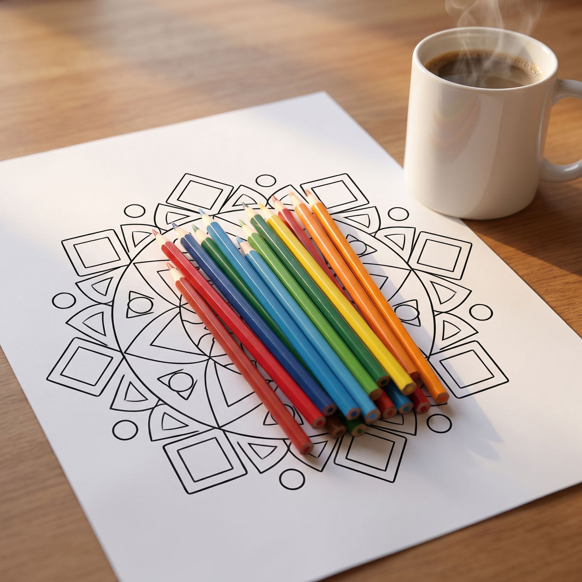 Mandala geométrico de loto para colorear, hoja A4 impresa sobre escritorio de madera con lápices de colores y taza de café - Calma en Tinta