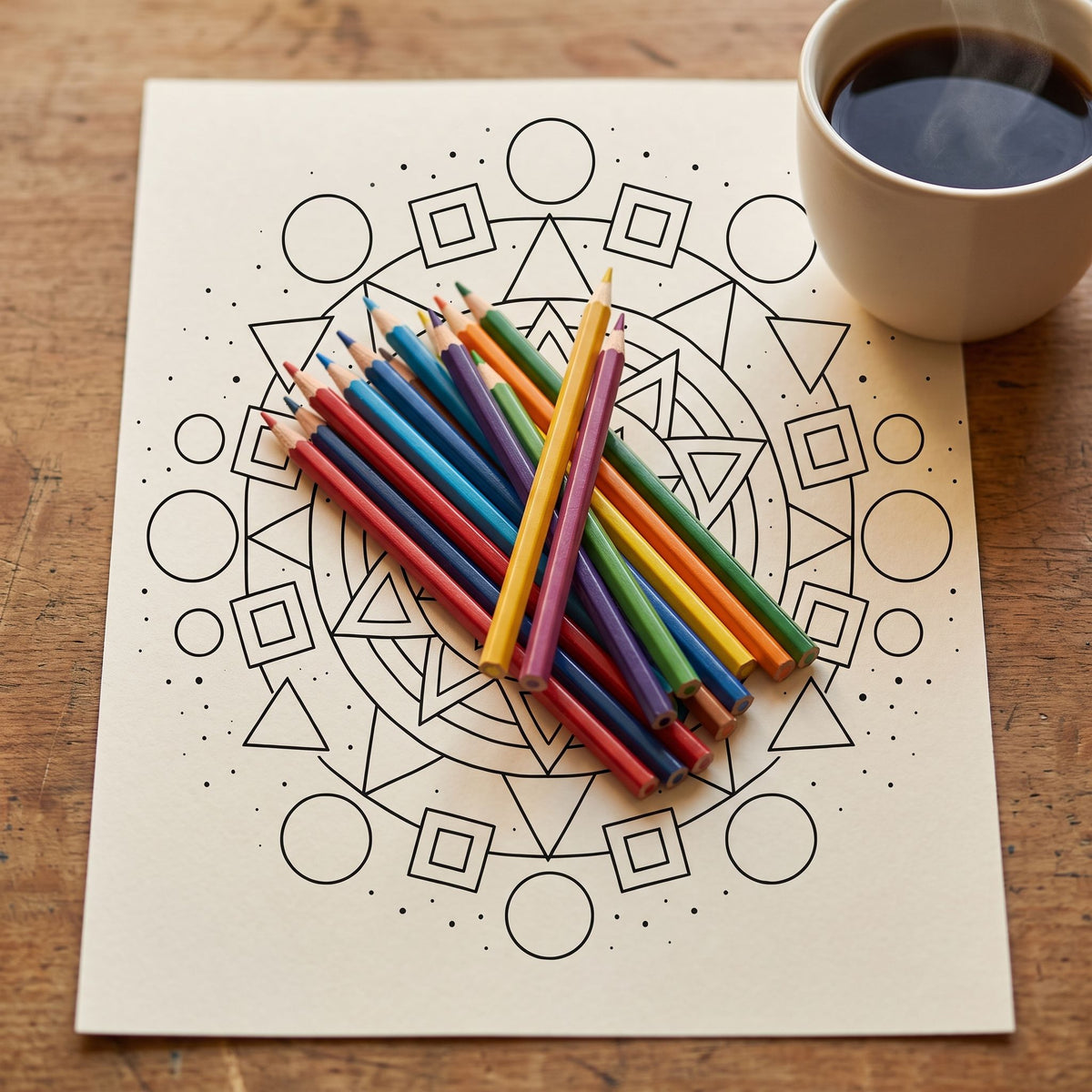 Mandala geométrico del ojo para colorear, hoja A4 impresa sobre escritorio de madera con lápices de colores y taza de café - Calma en Tinta