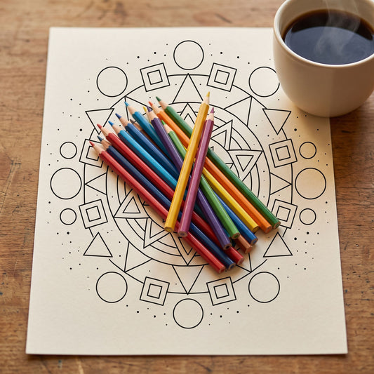 Mandala geométrico del ojo para colorear, hoja A4 impresa sobre escritorio de madera con lápices de colores y taza de café - Calma en Tinta