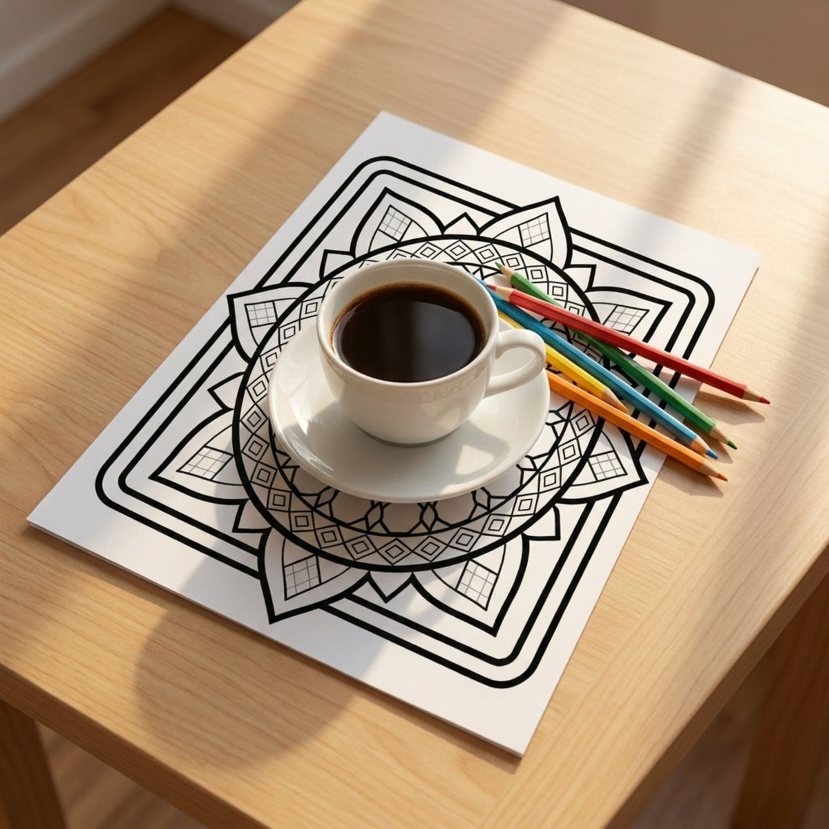 Mandala geométrico para colorear, hoja impresa sobre escritorio de madera con taza de café y lápices de colores - Calma en Tinta