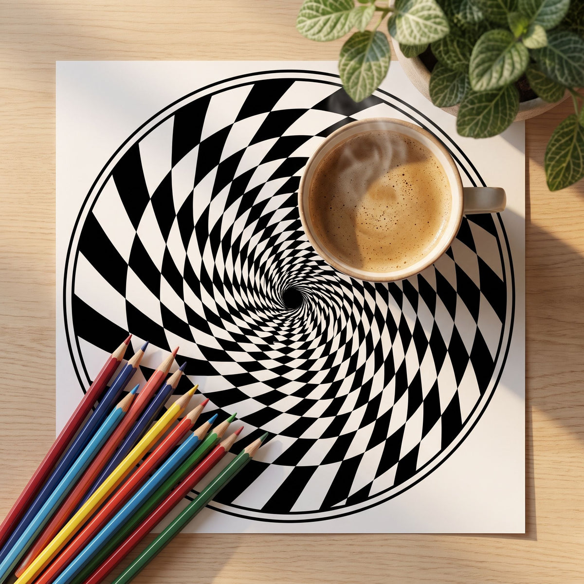Mandala hipnótico espiral geométrica para colorear, hoja impresa sobre escritorio de madera con lápices de colores y taza de café - Calma en Tinta