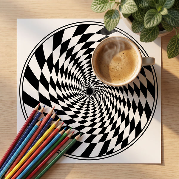 Mandala 3D efecto túnel para colorear, hoja impresa sobre mesa de mármol con taza de café y lápices de colores - Calma en Tinta