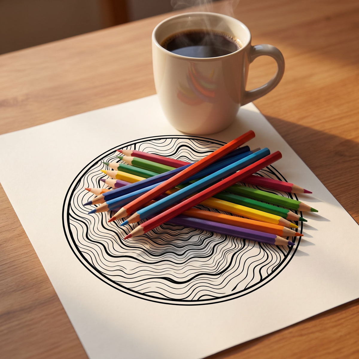 Mandala hipnótico efecto túnel para colorear, hoja impresa sobre escritorio de madera con lápices de colores y taza de café - Calma en Tinta