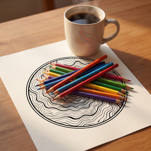 Mandala 3D efecto túnel para colorear, hoja impresa sobre mesa de mármol con taza de café y lápices de colores - Calma en Tinta