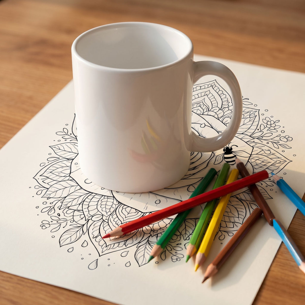 Mandala de rosa para colorear, hoja impresa sobre escritorio de madera con taza y lápices de colores - Calma en Tinta
