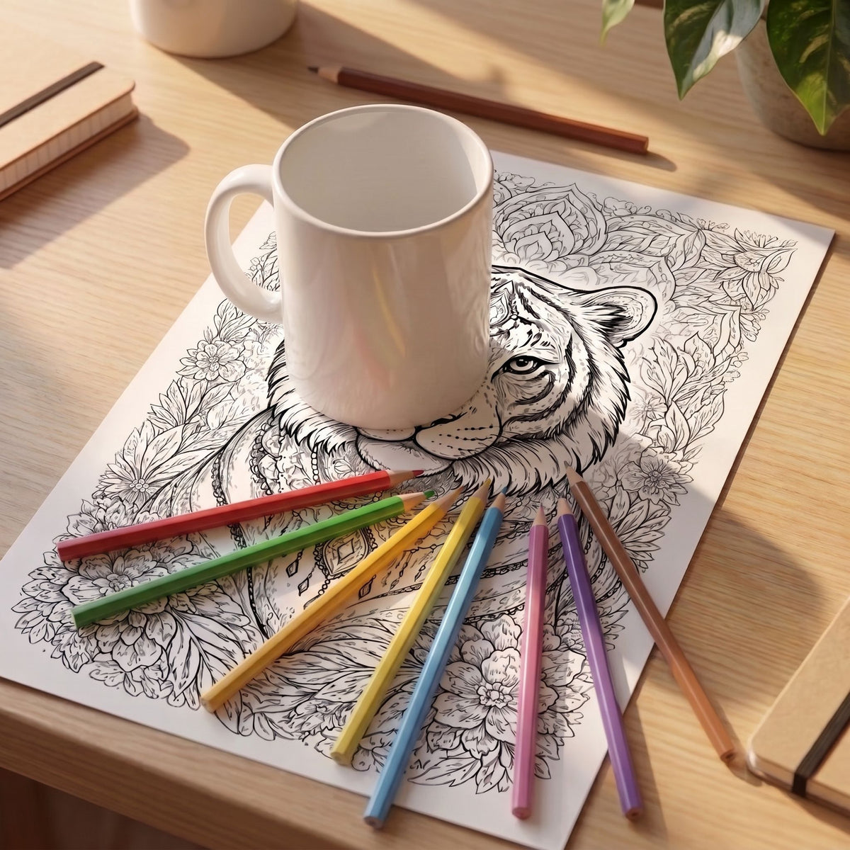 Mandala de tigre para colorear, hoja A4 impresa sobre escritorio de madera con taza y lápices de colores - Calma en Tinta