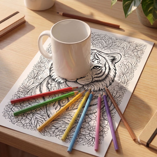 Mandala de tigre para colorear, hoja A4 impresa sobre escritorio de madera con taza y lápices de colores - Calma en Tinta