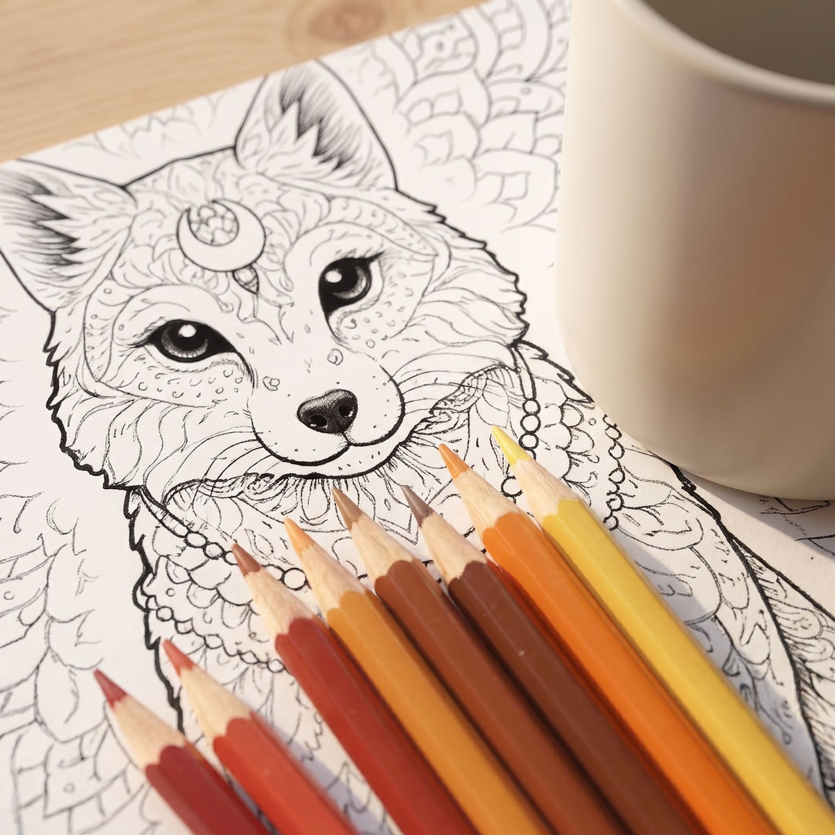 Mandala de zorro para colorear, hoja A4 impresa sobre escritorio de madera con taza y lápices de colores - Calma en Tinta