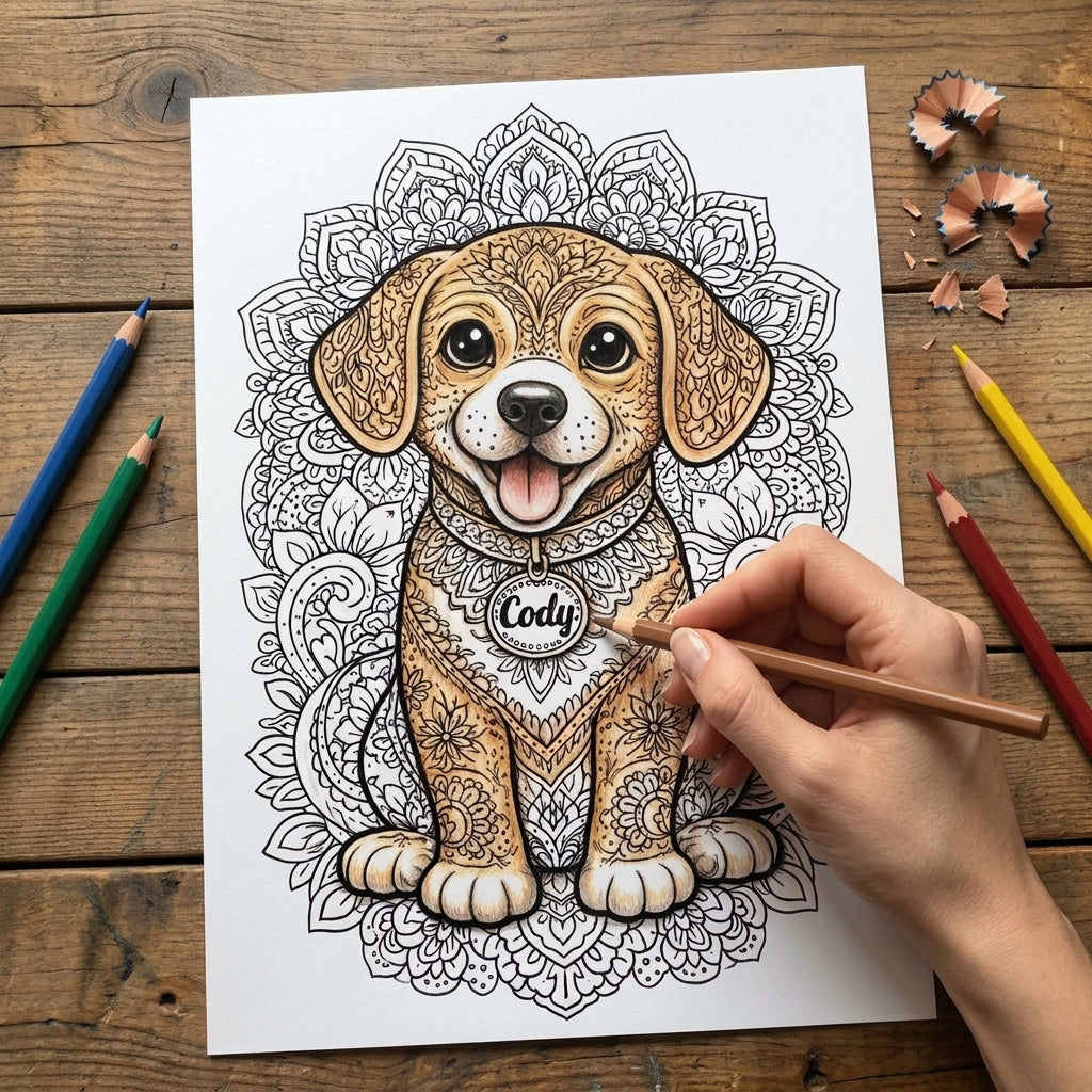Mandala de un perro para colorear, con lápices de colores